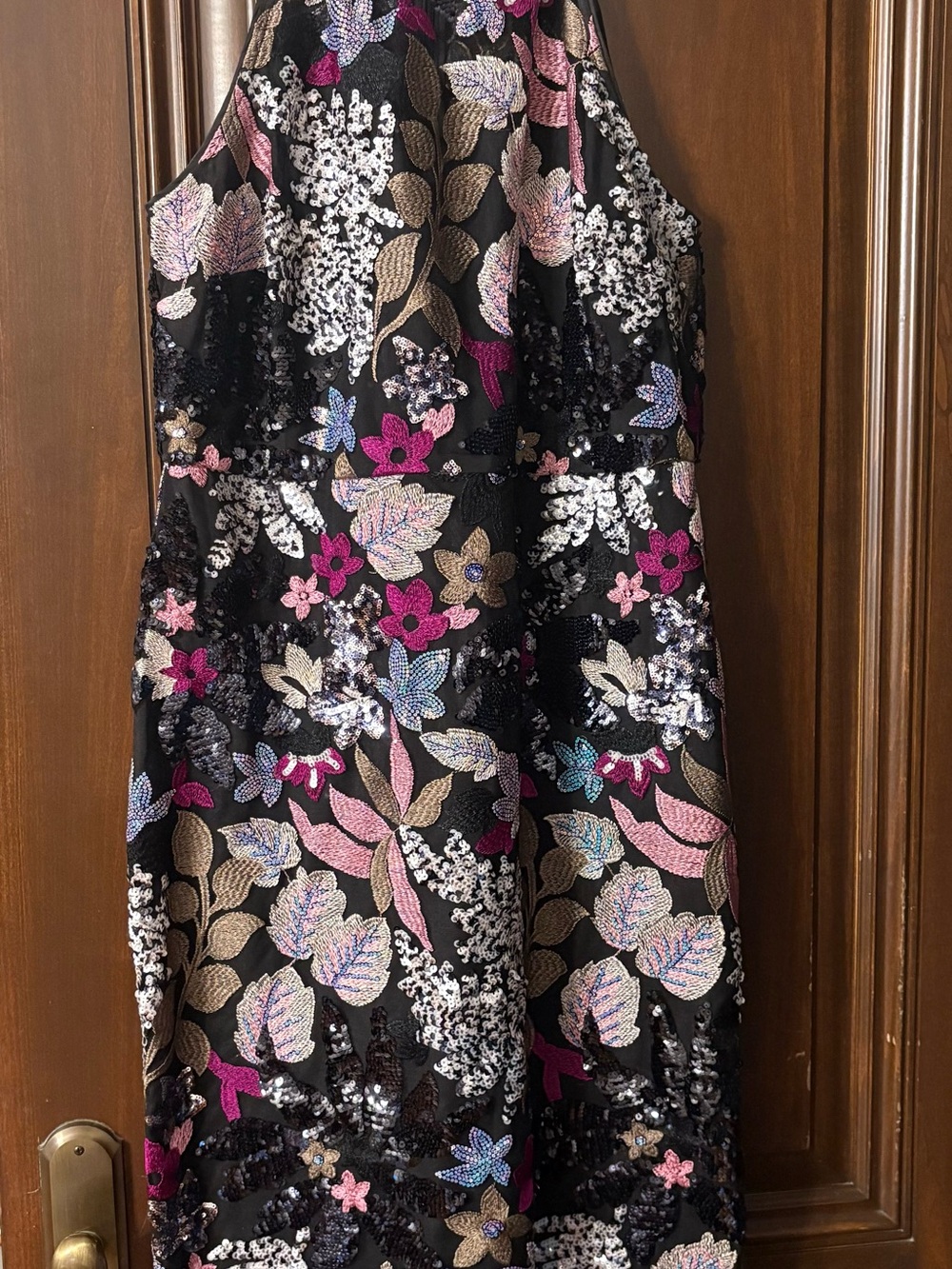 Elie Tahari Black Midi Dress with Pink, Gold and Blue Floral Embroidery